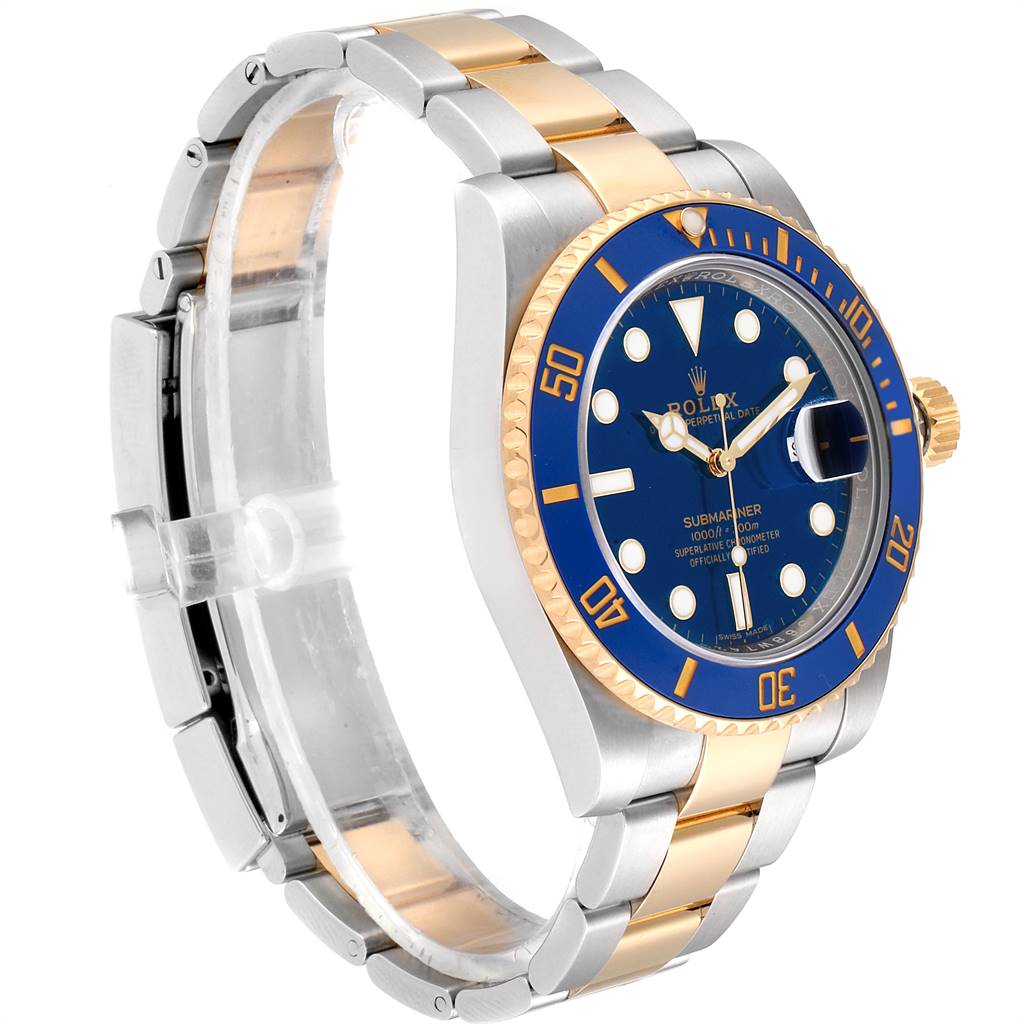 The Rolex Submariner 116613 Men
s Steel and Gold (two tone) Blue Dial 116613 Men
s Steel and Gold (two tone) Blue Dial watch is shown from an angled side view, displaying its bezel, crown, dial, and bracelet.
