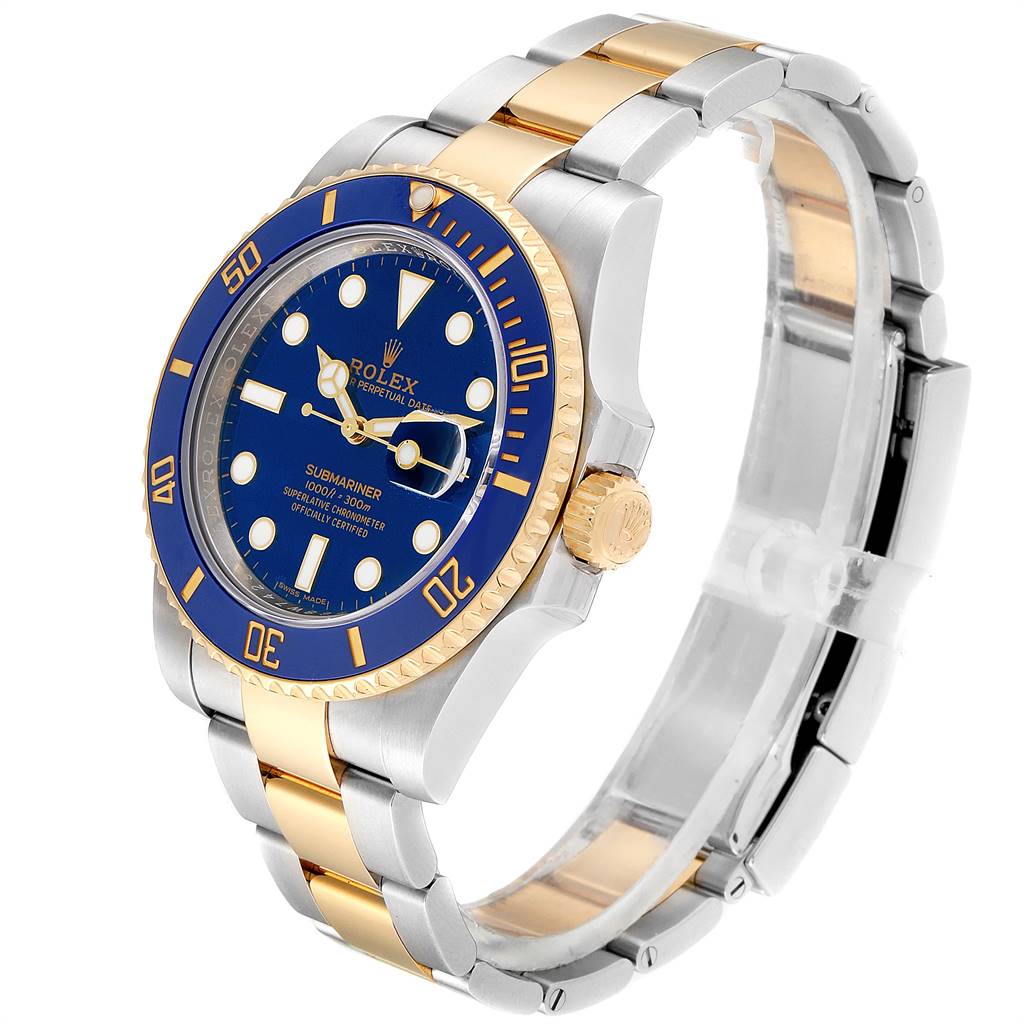 The Rolex Submariner 116613 Men
s Steel and Gold (two tone) Blue Dial 116613 Men
s Steel and Gold (two tone) Blue Dial watch is shown at a slight angle, highlighting the dial, bezel, and bracelet.