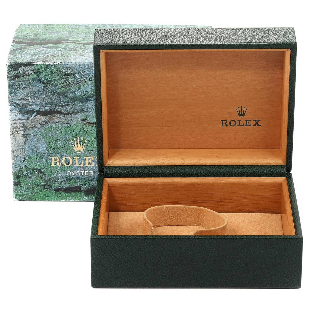 The image shows an empty Rolex Submariner 16613 Men
s Steel and Gold (two tone) Black Dial 16613 Men
s Steel and Gold (two tone) Black Dial watch box with its outer packaging, viewed from the front.