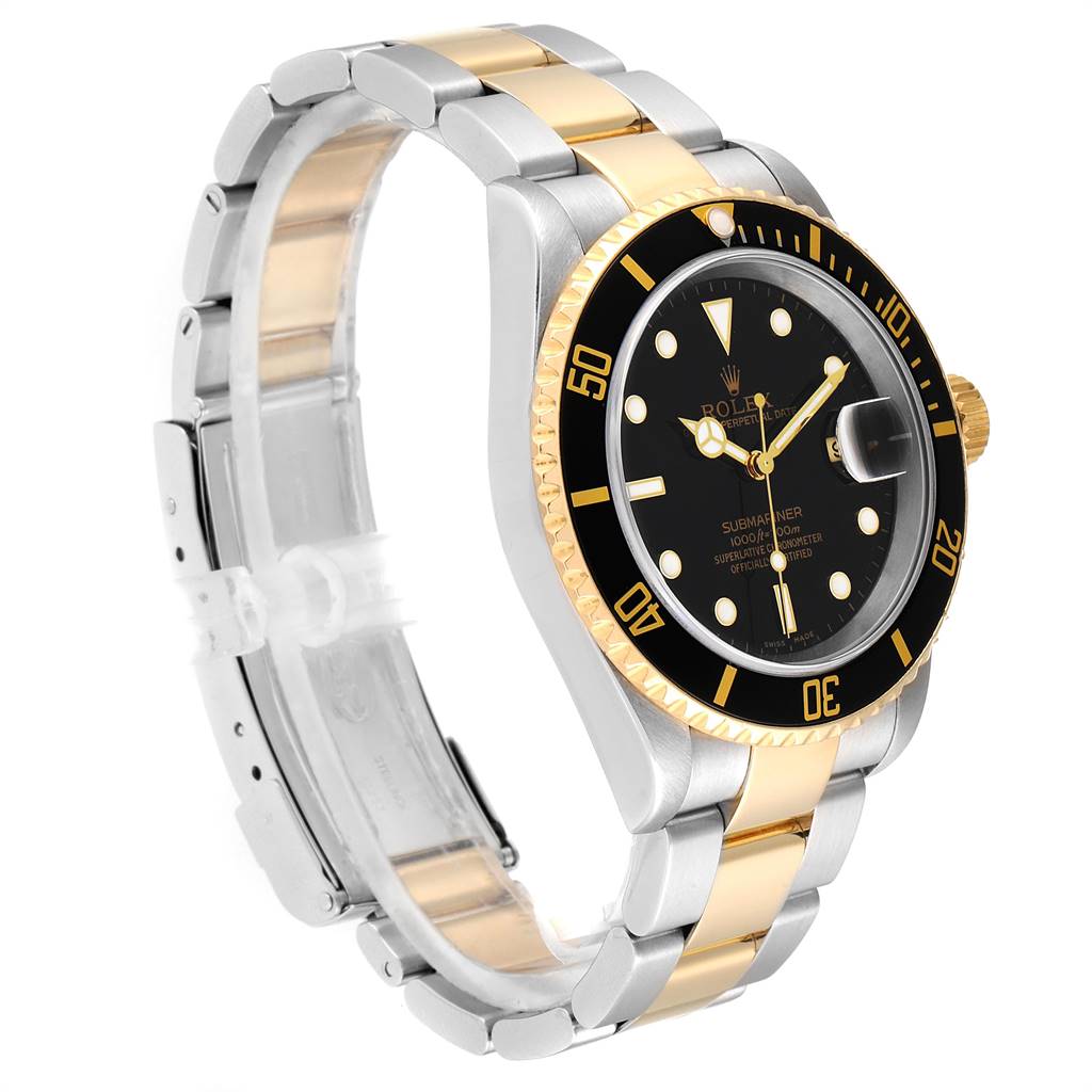 The image shows a side and front view of a Rolex Submariner 16613 Men
s Steel and Gold (two tone) Black Dial 16613 Men
s Steel and Gold (two tone) Black Dial watch, highlighting its bezel, dial, and two-tone bracelet.