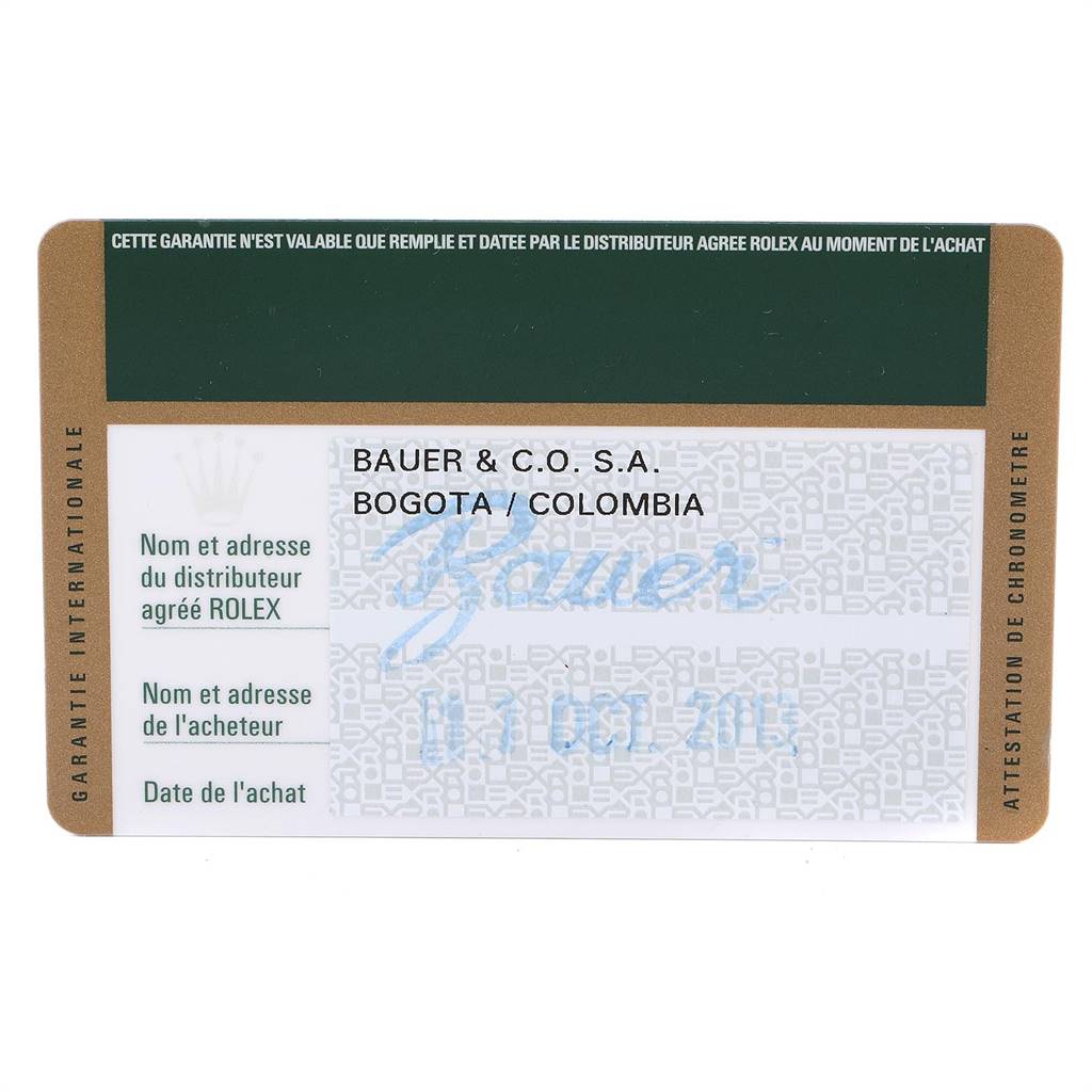 This image shows a warranty card for the Rolex Submariner 116613 Men
s Steel and Gold (two tone) Blue Dial 116613 Men
s Steel and Gold (two tone) Blue Dial watch, detailing the distributor
s name, address, and date of purchase.