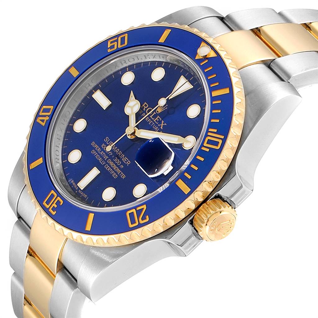 This image shows the front and side view of a Rolex Submariner 116613 Men
s Steel and Gold (two tone) Blue Dial 116613 Men
s Steel and Gold (two tone) Blue Dial watch, highlighting its blue face, bezel, and two-tone bracelet.
