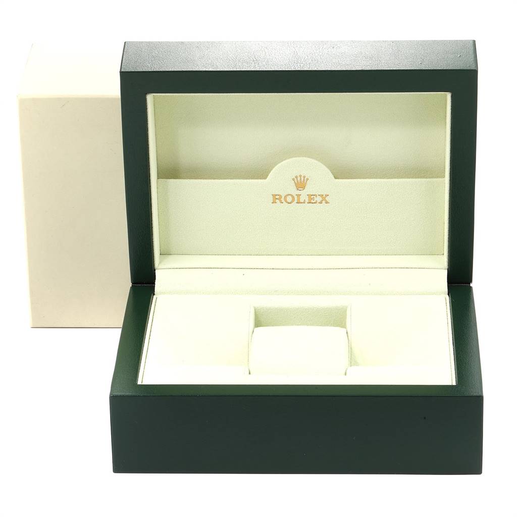 The image shows an empty watch box with the Rolex logo, likely for the Submariner model, viewed from the front.