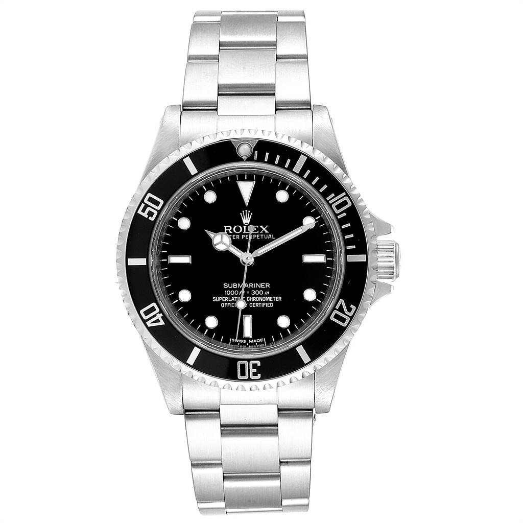 This image shows a front view of a Rolex Submariner 14060M Men
s Stainless Steel Black Dial 14060M Men
s Stainless Steel Black Dial watch, displaying its face, bezel, and stainless steel bracelet.