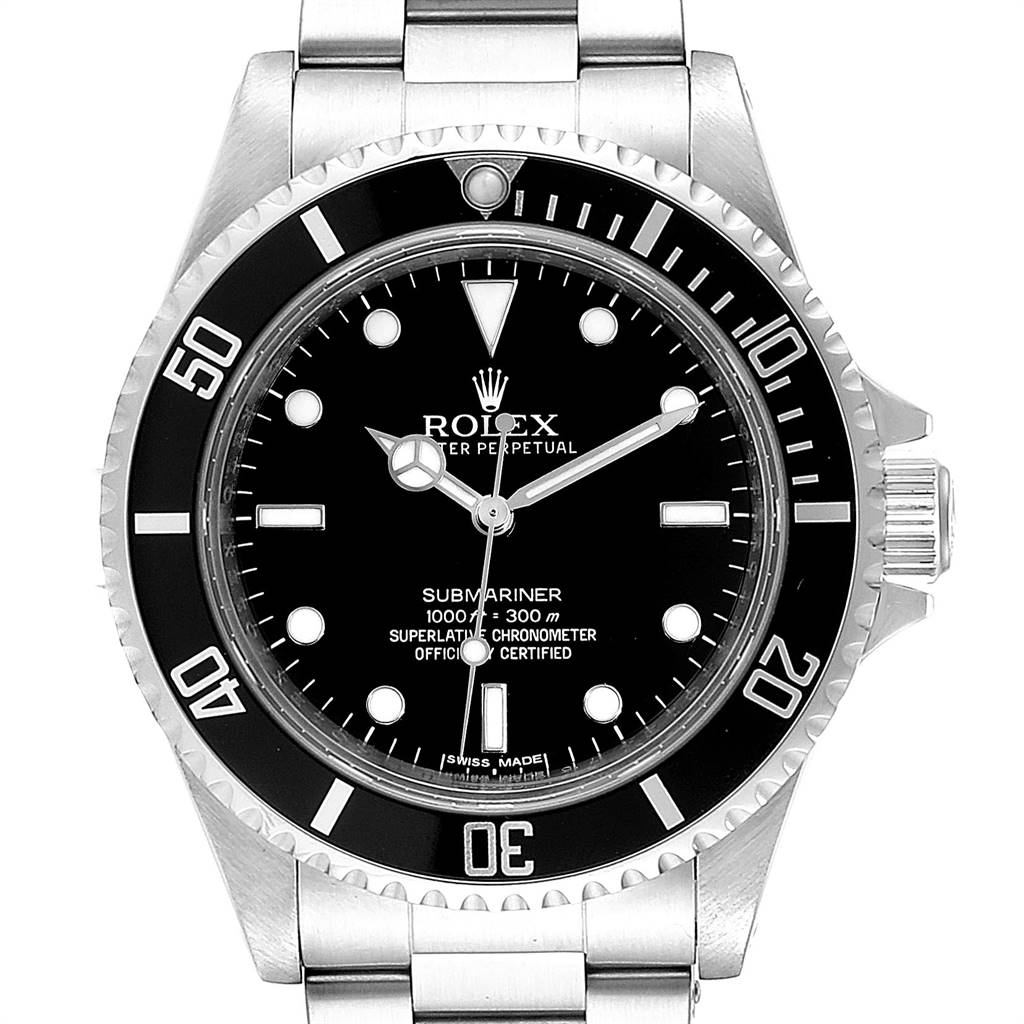 The image shows a front view of a Rolex Submariner 14060M Men
s Stainless Steel Black Dial 14060M Men
s Stainless Steel Black Dial watch, highlighting the dial, bezel, and part of the bracelet.