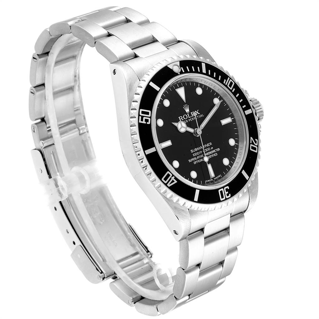 The Rolex Submariner 14060M Men
s Stainless Steel Black Dial 14060M Men
s Stainless Steel Black Dial watch is shown from a tilted angle, highlighting the bracelet, bezel, dial, and crown.