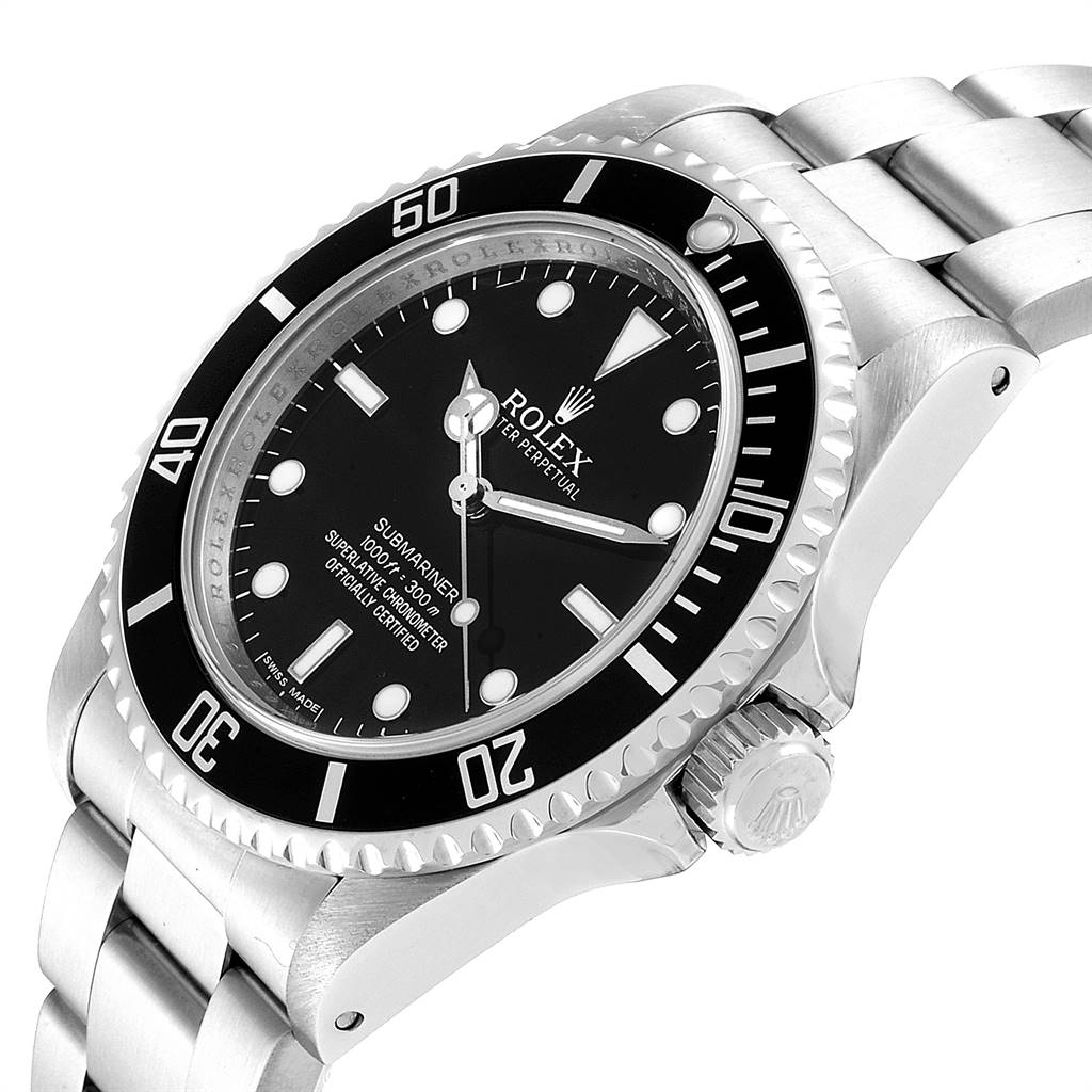 This image shows a Rolex Submariner 14060M Men
s Stainless Steel Black Dial 14060M Men
s Stainless Steel Black Dial watch at a slight side angle, showcasing its dial, bezel, crown, and part of the bracelet.