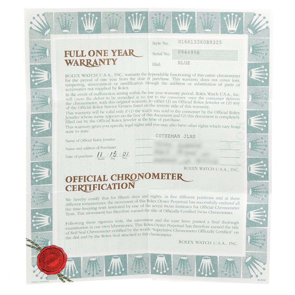 This image shows the warranty and chronometer certification documents for a Rolex Submariner 16613 Men
s Steel and Gold (two tone) Blue Dial 16613 Men
s Steel and Gold (two tone) Blue Dial watch.