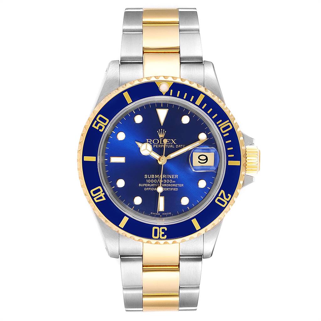 The Rolex Submariner 16613 Men
s Steel and Gold (two tone) Blue Dial 16613 Men
s Steel and Gold (two tone) Blue Dial watch is shown in a front-facing view, showcasing its blue dial, date display, and two-tone bracelet.