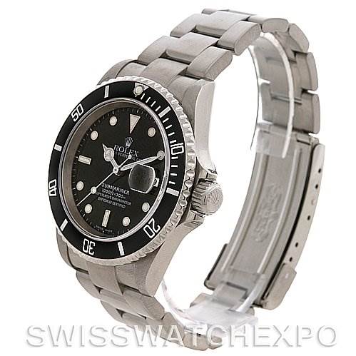 This image shows a Rolex Submariner 16610 Men's Stainless Steel Black Dial 16610 Men's Stainless Steel Black Dial watch angled to display the face, bezel, crown, and bracelet.