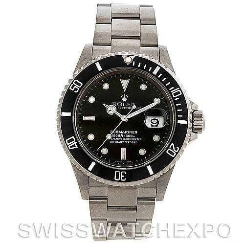 The image shows a front view of a Rolex Submariner 16610 Men's Stainless Steel Black Dial 16610 Men's Stainless Steel Black Dial watch, displaying its bracelet, bezel, dial, and crown.