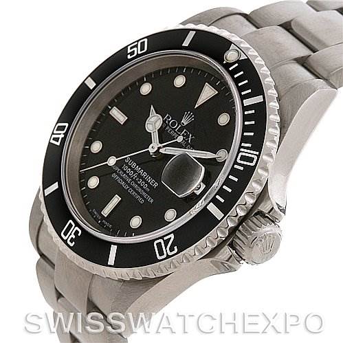 The image shows a side and angled view of a Rolex Submariner 16610 Men's Stainless Steel Black Dial 16610 Men's Stainless Steel Black Dial watch, highlighting the bezel, dial, bracelet, and crown.