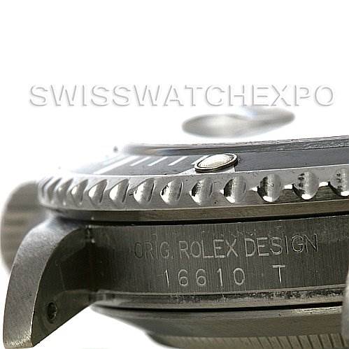 This image shows the side view of a Rolex Submariner 16610 Men's Stainless Steel Black Dial 16610 Men's Stainless Steel Black Dial watch, focusing on the bezel, crown, and engraved model number "16610 T".
