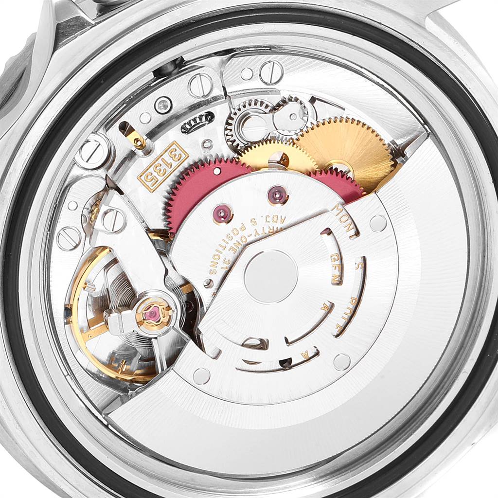 This image shows a close-up view of the movement and inner workings of a Rolex Submariner 16610 Men
s Stainless Steel Black Dial 16610 Men
s Stainless Steel Black Dial watch from the back.