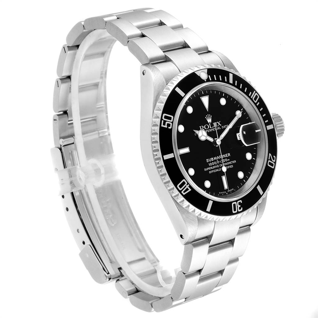 The image shows a side-angle view of the Rolex Submariner 16610 Men
s Stainless Steel Black Dial 16610 Men
s Stainless Steel Black Dial watch, highlighting its black dial, bezel, stainless steel case, and bracelet.