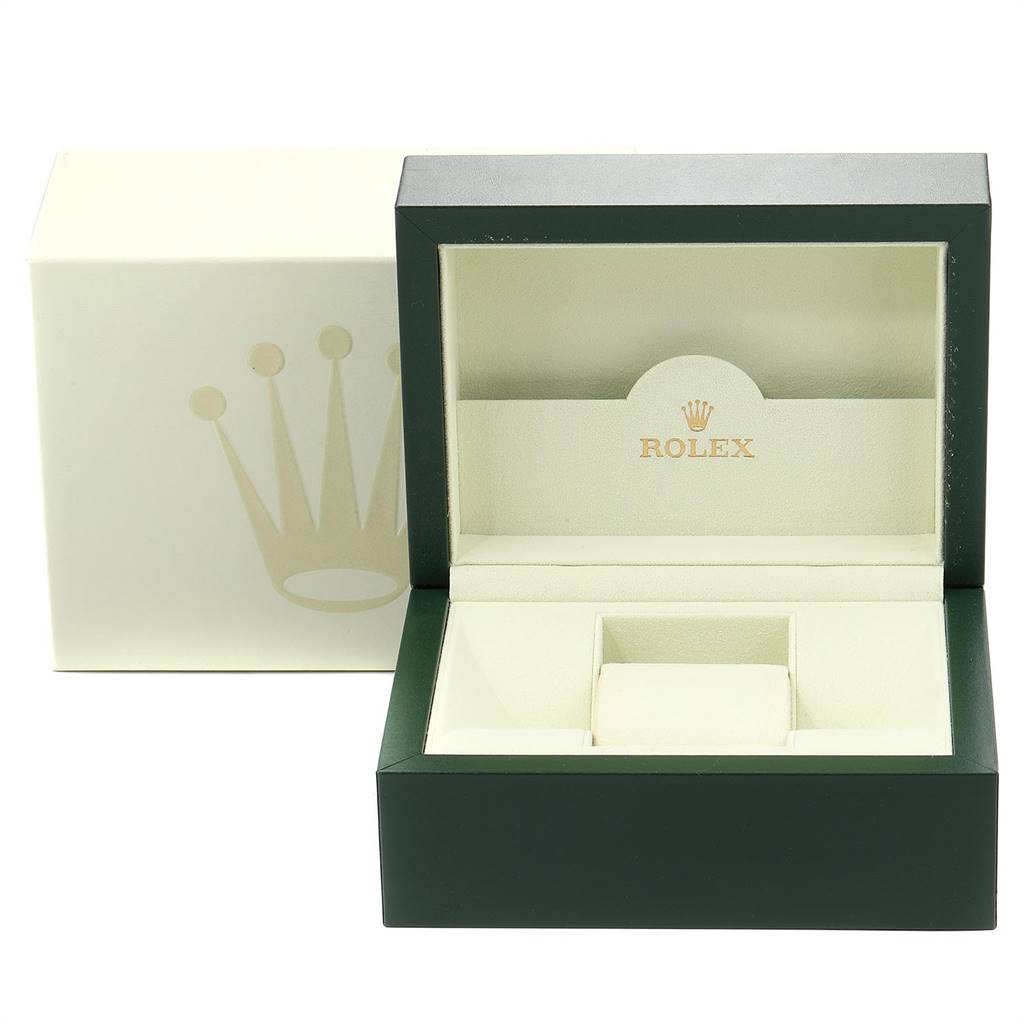 The image shows an open Rolex Submariner 16613 Men
s Steel and Gold (two tone) Blue Dial 16613 Men
s Steel and Gold (two tone) Blue Dial watch box and its outer box at a front-facing angle.