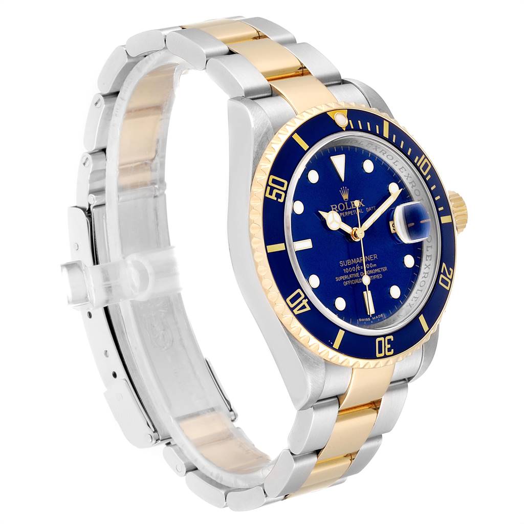 This image shows a Rolex Submariner 16613 Men
s Steel and Gold (two tone) Blue Dial 16613 Men
s Steel and Gold (two tone) Blue Dial watch from an angled side view, highlighting its blue dial, two-tone bracelet, and bezel.