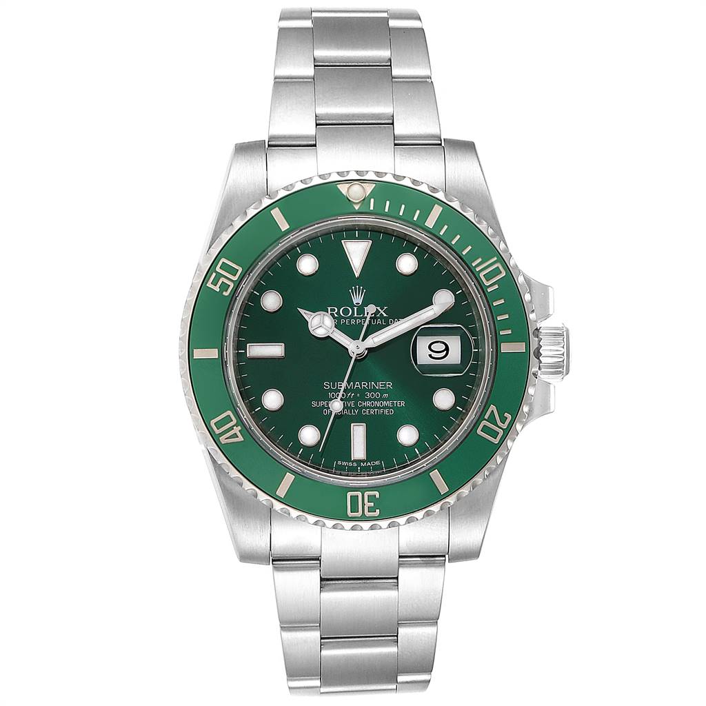 The image shows a front view of a Rolex Submariner 116610LV Men
s Stainless Steel Green Dial 116610LV Men
s Stainless Steel Green Dial watch featuring a green dial and green bezel.