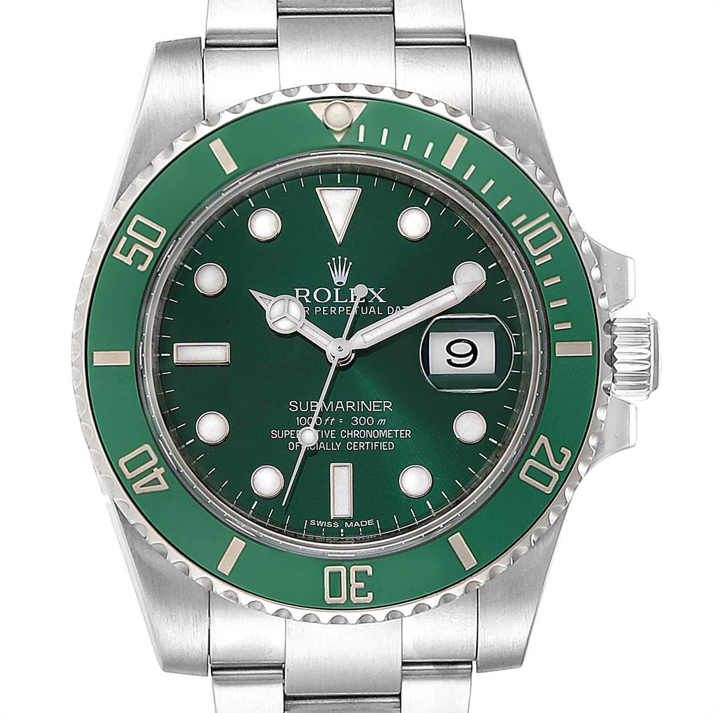 The image shows a front view of a Rolex Submariner 116610LV Men
s Stainless Steel Green Dial 116610LV Men
s Stainless Steel Green Dial watch with a green dial and bezel.