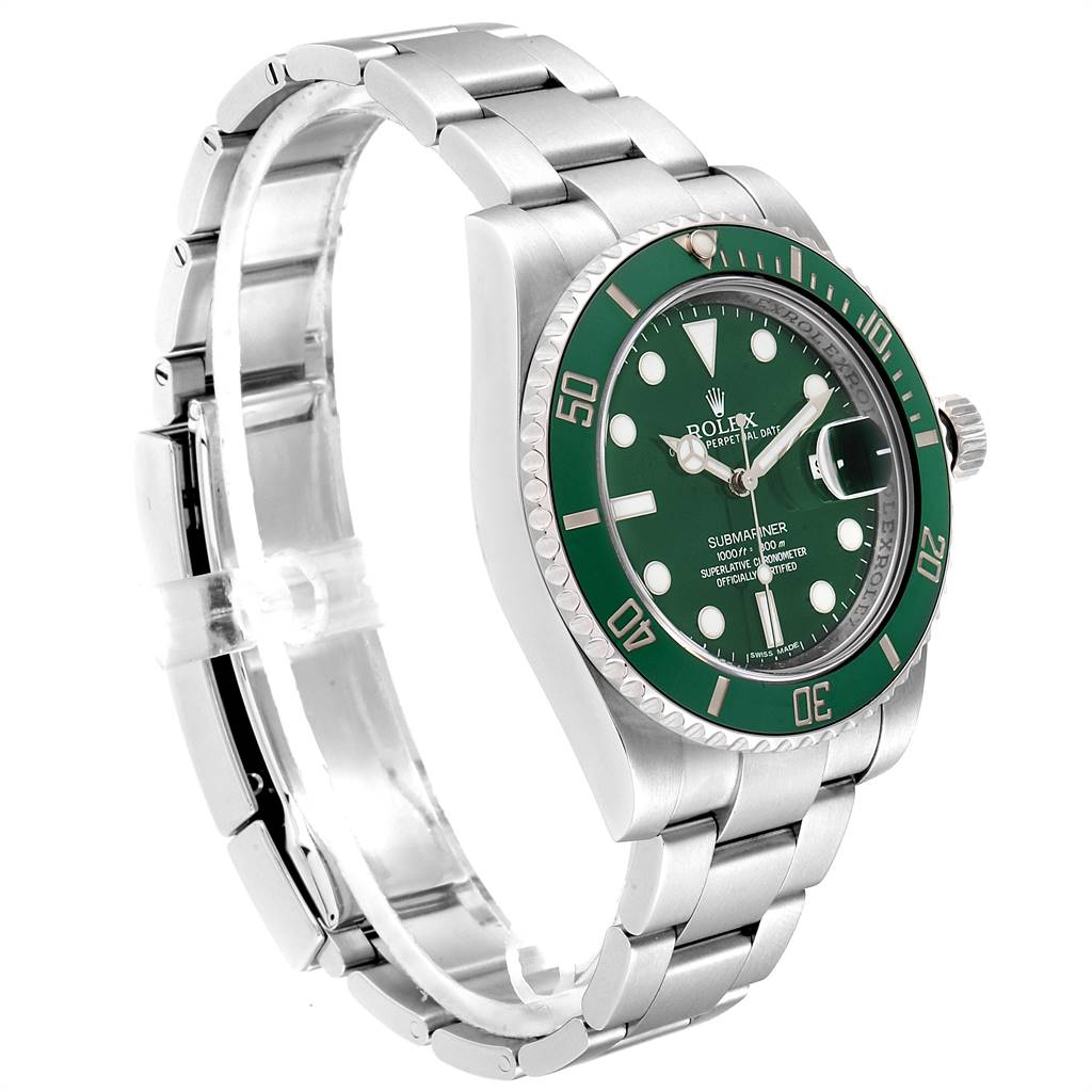 The image shows a side angle view of a Rolex Submariner 116610LV Men
s Stainless Steel Green Dial 116610LV Men
s Stainless Steel Green Dial watch, featuring its green bezel, dial, and stainless steel bracelet.