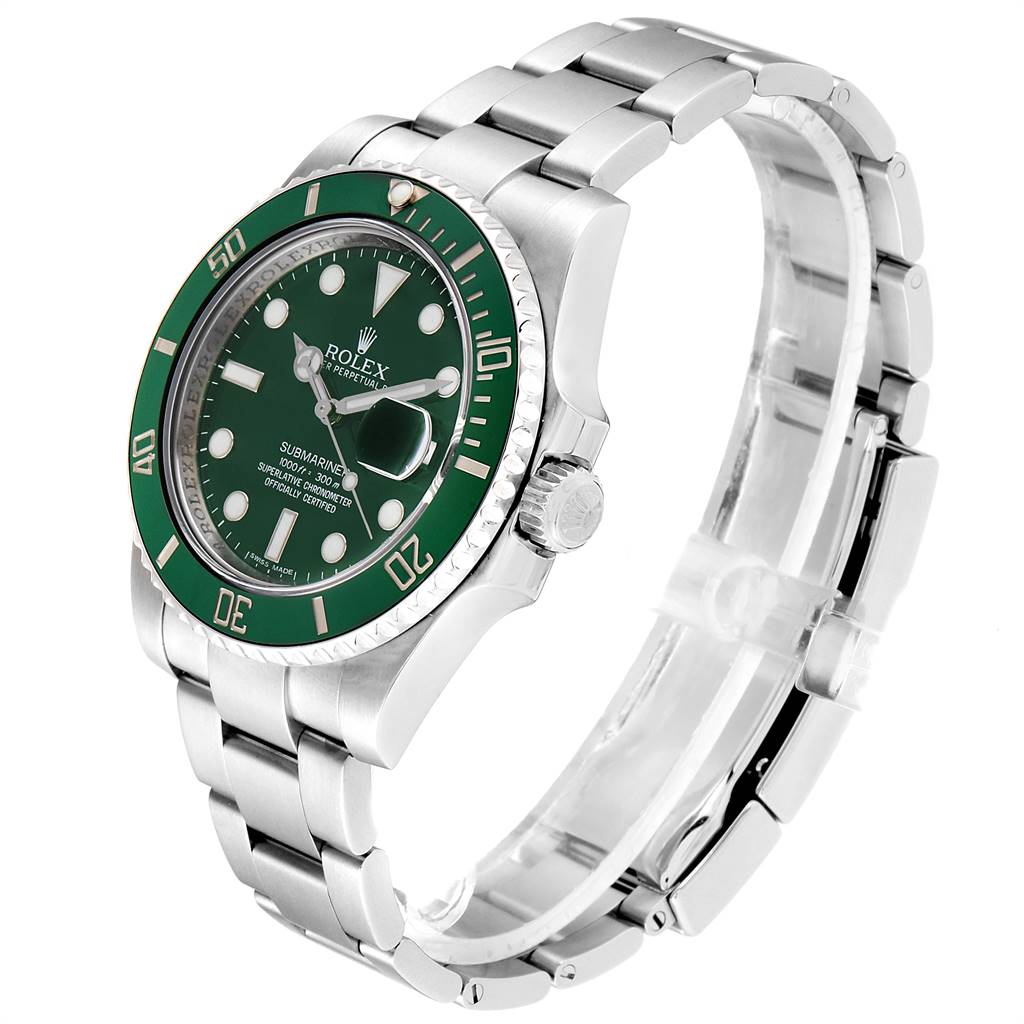 The image shows a side-angle view of a Rolex Submariner 116610LV Men
s Stainless Steel Green Dial 116610LV Men
s Stainless Steel Green Dial watch, highlighting the green bezel, dial, and stainless steel bracelet.
