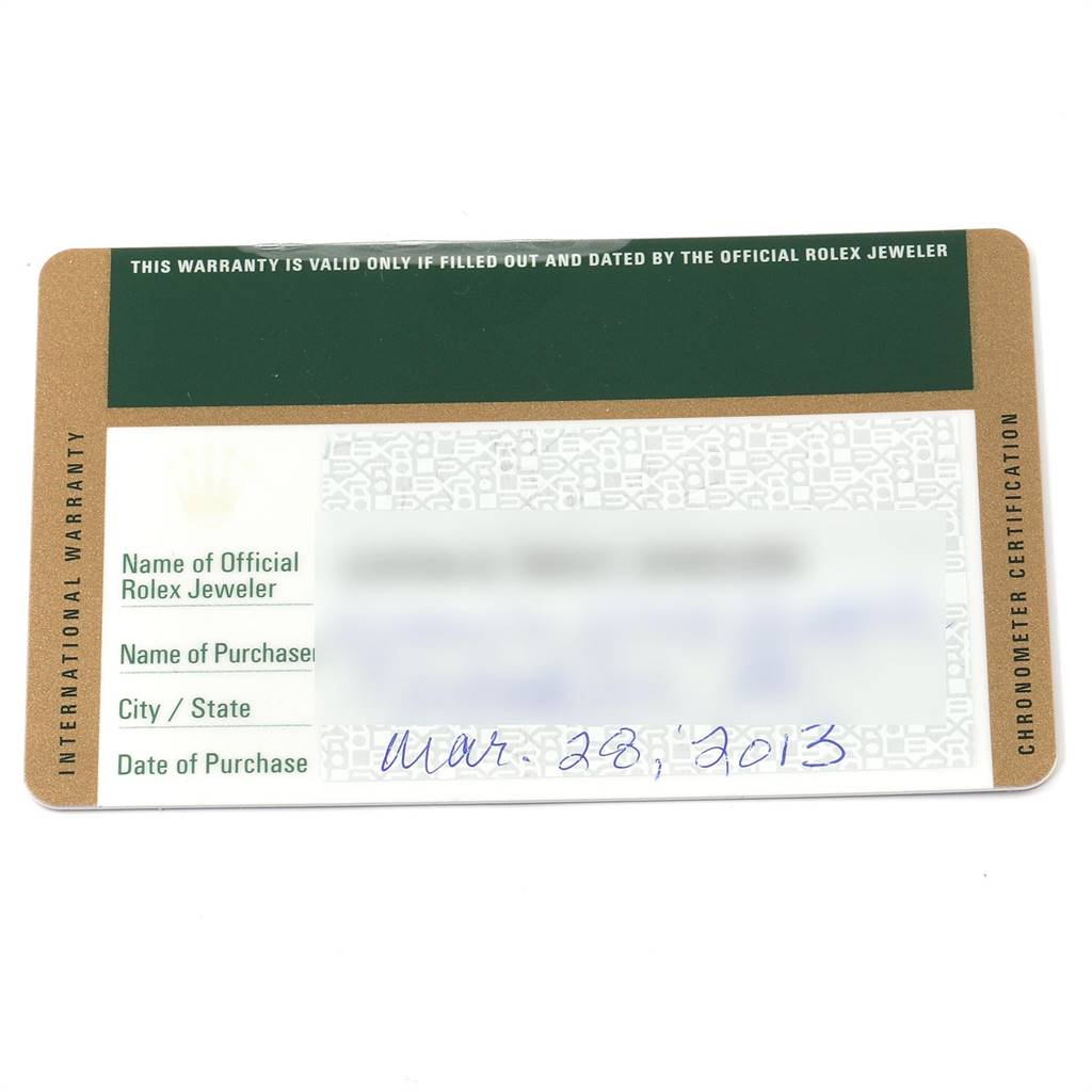 This image shows the warranty card for a Rolex Submariner 116610LV Men
s Stainless Steel Green Dial 116610LV Men
s Stainless Steel Green Dial watch, dated March 28, 2013.