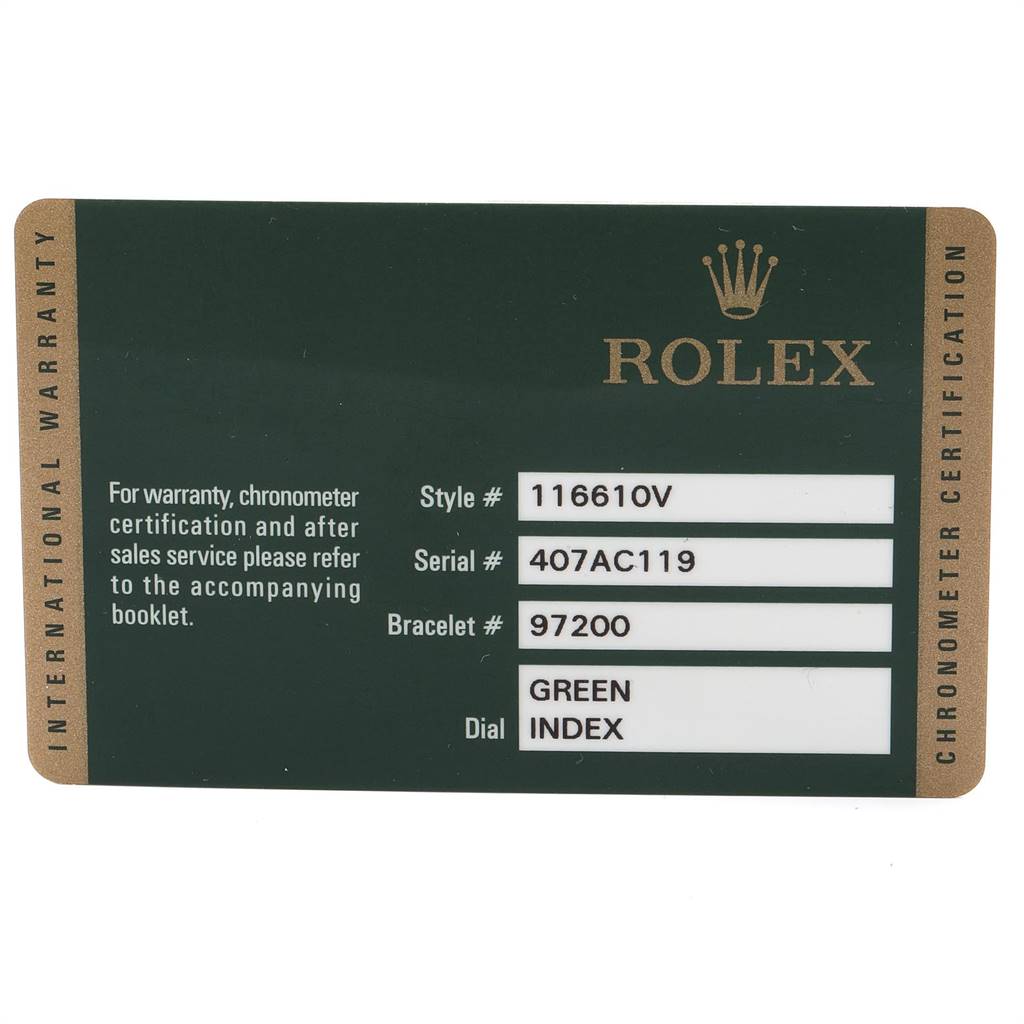The image shows the warranty card for a Rolex Submariner 116610LV Men
s Stainless Steel Green Dial 116610LV Men
s Stainless Steel Green Dial, detailing the style, serial, and bracelet numbers and the dial type.