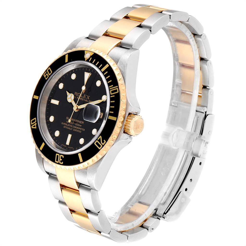 The image shows a Rolex Submariner 16613 Men
s Steel and Gold (two tone) Black Dial 16613 Men
s Steel and Gold (two tone) Black Dial watch at an angled side view, highlighting the bezel, dial, crown, and two-tone bracelet.