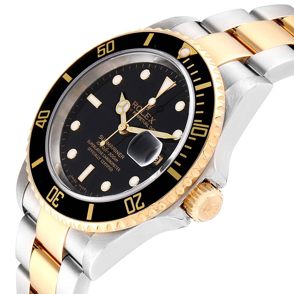 The image shows a close-up angle of the Rolex Submariner 16613 Men
s Steel and Gold (two tone) Black Dial 16613 Men
s Steel and Gold (two tone) Black Dial, highlighting the black dial, bezel, and two-tone bracelet.