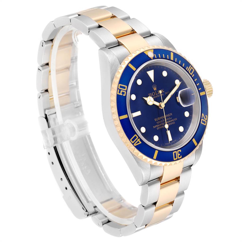 The image shows a Rolex Submariner 16613 Men
s Steel and Gold (two tone) Blue Dial 16613 Men
s Steel and Gold (two tone) Blue Dial watch angled to display its face, bezel, bracelet, and crown.