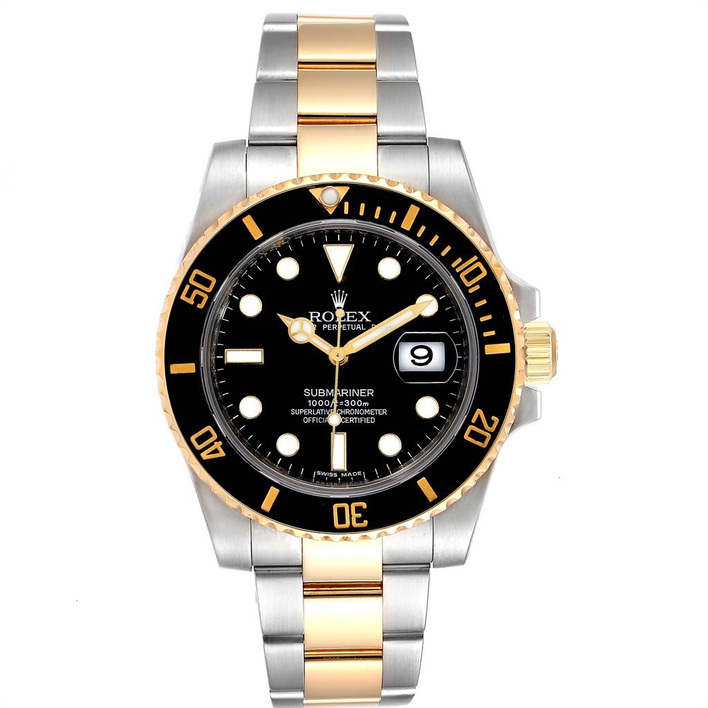 The Rolex Submariner 116613 Men's Steel and Gold (two tone) Black Dial 116613 Men's Steel and Gold (two tone) Black Dial watch is shown from a front angle, highlighting its bezel, dial, hands, bracelet, and crown.