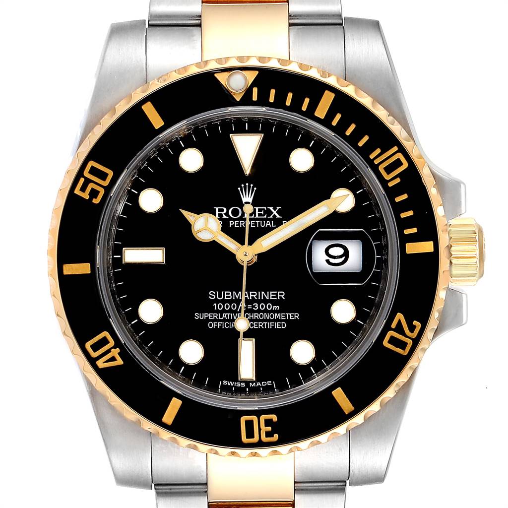 This image shows a front view of a Rolex Submariner 116613 Men's Steel and Gold (two tone) Black Dial 116613 Men's Steel and Gold (two tone) Black Dial watch with a black dial and bezel, gold accents, and a date window.