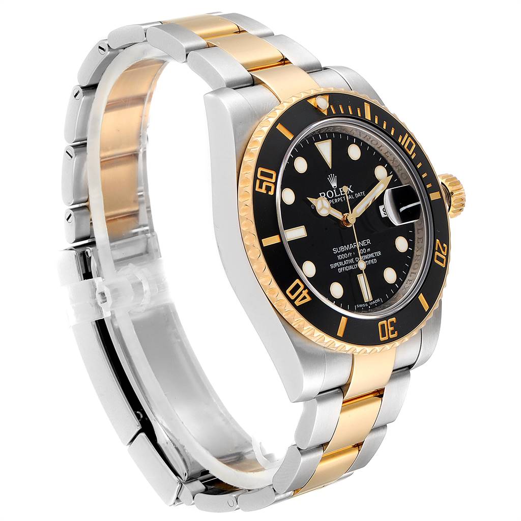 The image shows a side angle of the Rolex Submariner 116613 Men's Steel and Gold (two tone) Black Dial 116613 Men's Steel and Gold (two tone) Black Dial watch, highlighting its two-tone metal bracelet and black bezel.