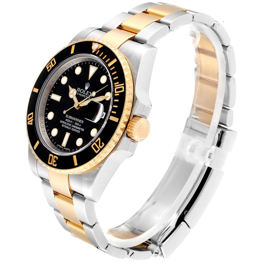 The image shows a side view of a Rolex Submariner 116613 Men's Steel and Gold (two tone) Black Dial 116613 Men's Steel and Gold (two tone) Black Dial watch, highlighting the bezel, dial, crown, and two-tone bracelet.