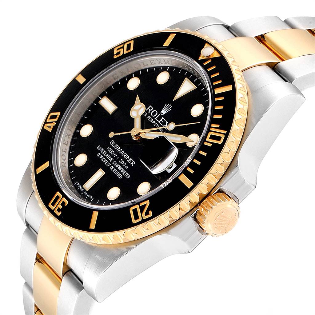 The image shows a Rolex Submariner 116613 Men's Steel and Gold (two tone) Black Dial 116613 Men's Steel and Gold (two tone) Black Dial watch at an angle, highlighting its bezel, dial, and two-tone bracelet.