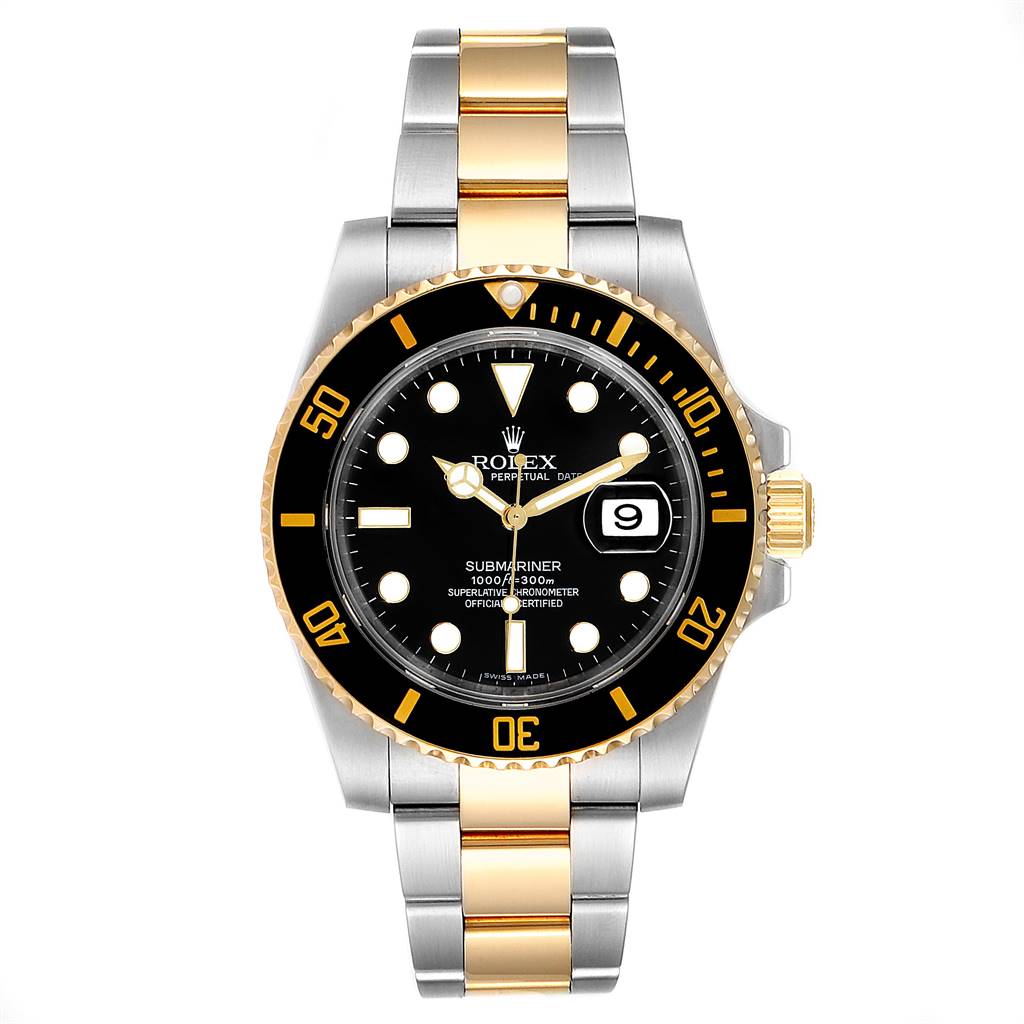 The image shows a frontal view of a Rolex Submariner 116613 Men
s Steel and Gold (two tone) Black Dial 116613 Men
s Steel and Gold (two tone) Black Dial watch with a black dial, gold accents, and a two-tone metal bracelet.