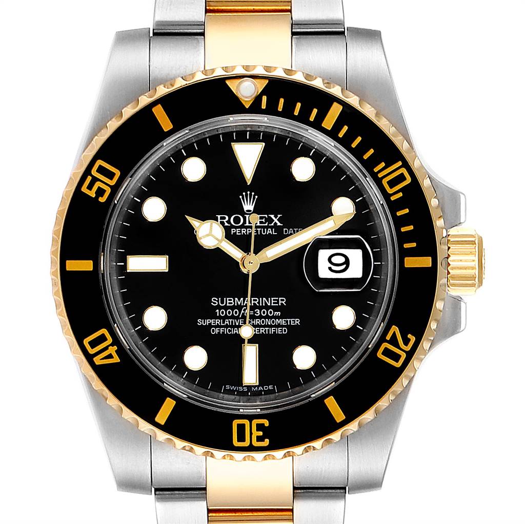 Front view of the Rolex Submariner 116613 Men
s Steel and Gold (two tone) Black Dial 116613 Men
s Steel and Gold (two tone) Black Dial watch, showing the dial, bezel, hands, date display, and part of the bracelet.