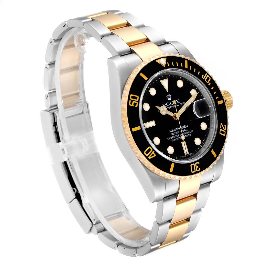 The image shows a Rolex Submariner 116613 Men
s Steel and Gold (two tone) Black Dial 116613 Men
s Steel and Gold (two tone) Black Dial watch at a side angle, highlighting its black dial, bezel, and two-tone bracelet.