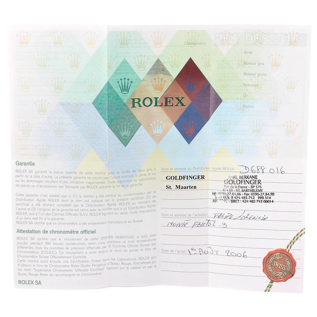 This image shows the warranty certificate for a Rolex Submariner 16613 Men
s Steel and Gold (two tone) Blue Dial 16613 Men
s Steel and Gold (two tone) Blue Dial watch, including purchase details and official stamps.