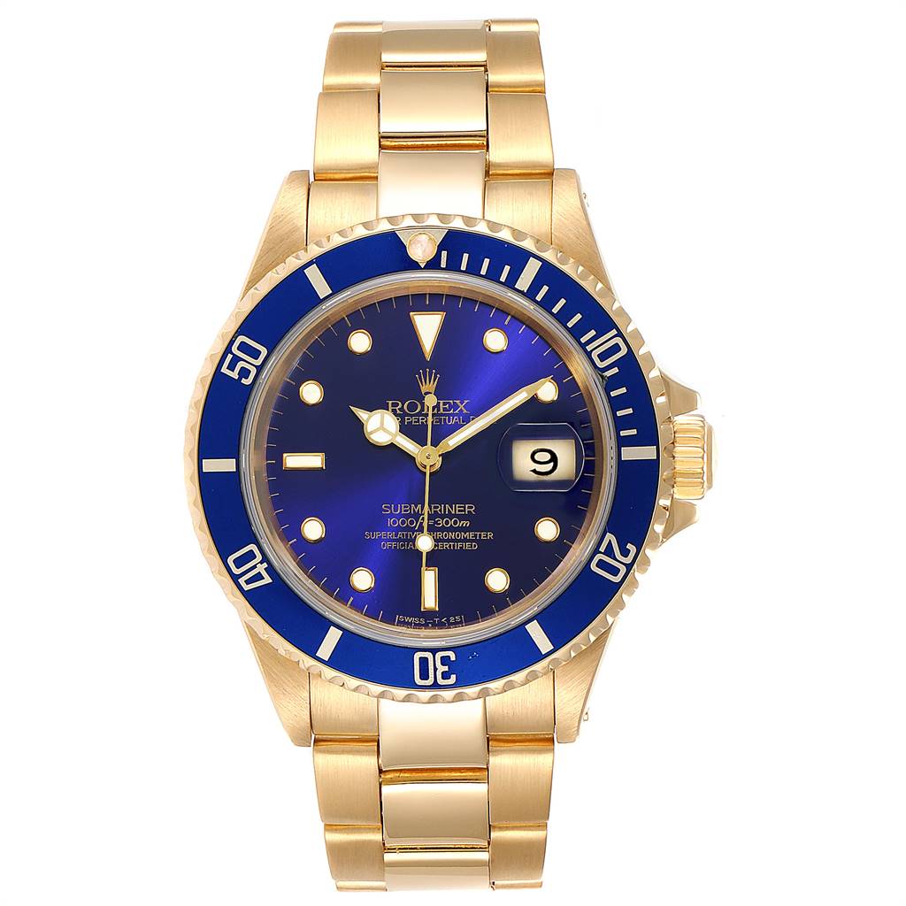The image shows a front view of a Rolex Submariner 16618 Men's Yellow Gold Blue Dial 16618 Men's Yellow Gold Blue Dial watch with a blue dial and gold bracelet.