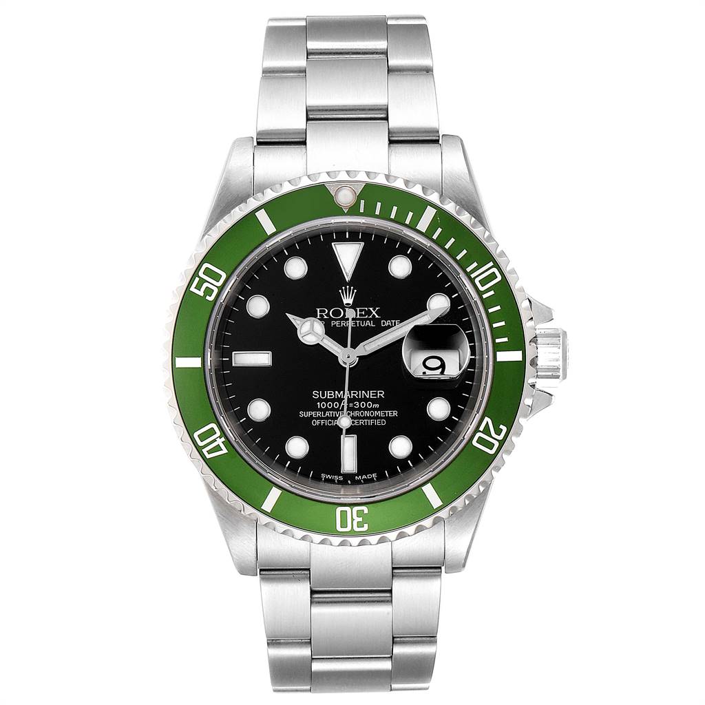 The image shows a front view of a Rolex Submariner 16610LV Men
s Stainless Steel Black Dial 16610LV Men
s Stainless Steel Black Dial watch with a green bezel and black dial.