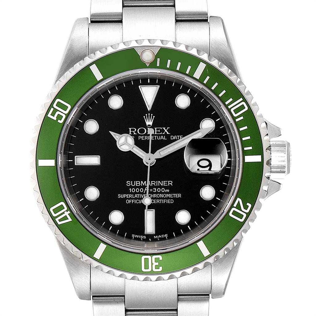 This image shows a front view of a Rolex Submariner 16610LV Men
s Stainless Steel Black Dial 16610LV Men
s Stainless Steel Black Dial watch, displaying its green bezel, black dial, and date window.