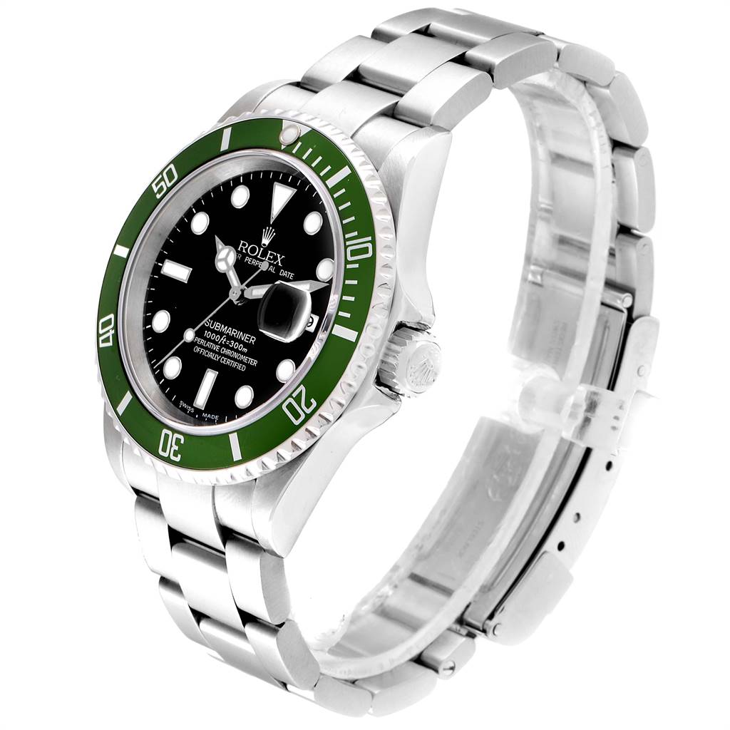 This image shows a Rolex Submariner 16610LV Men
s Stainless Steel Black Dial 16610LV Men
s Stainless Steel Black Dial watch at an angled view, highlighting its green bezel, black dial, and metal bracelet.