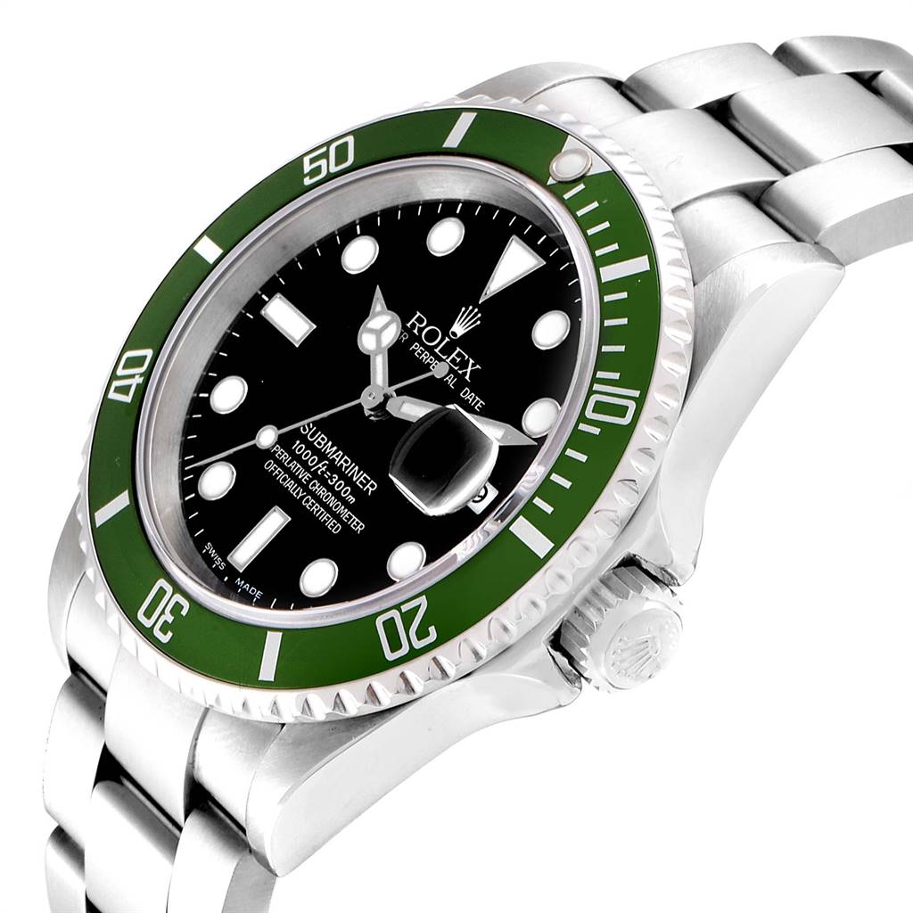 This image shows a close-up angled view of a Rolex Submariner 16610LV Men
s Stainless Steel Black Dial 16610LV Men
s Stainless Steel Black Dial watch displaying the bezel, dial, crown, and bracelet.