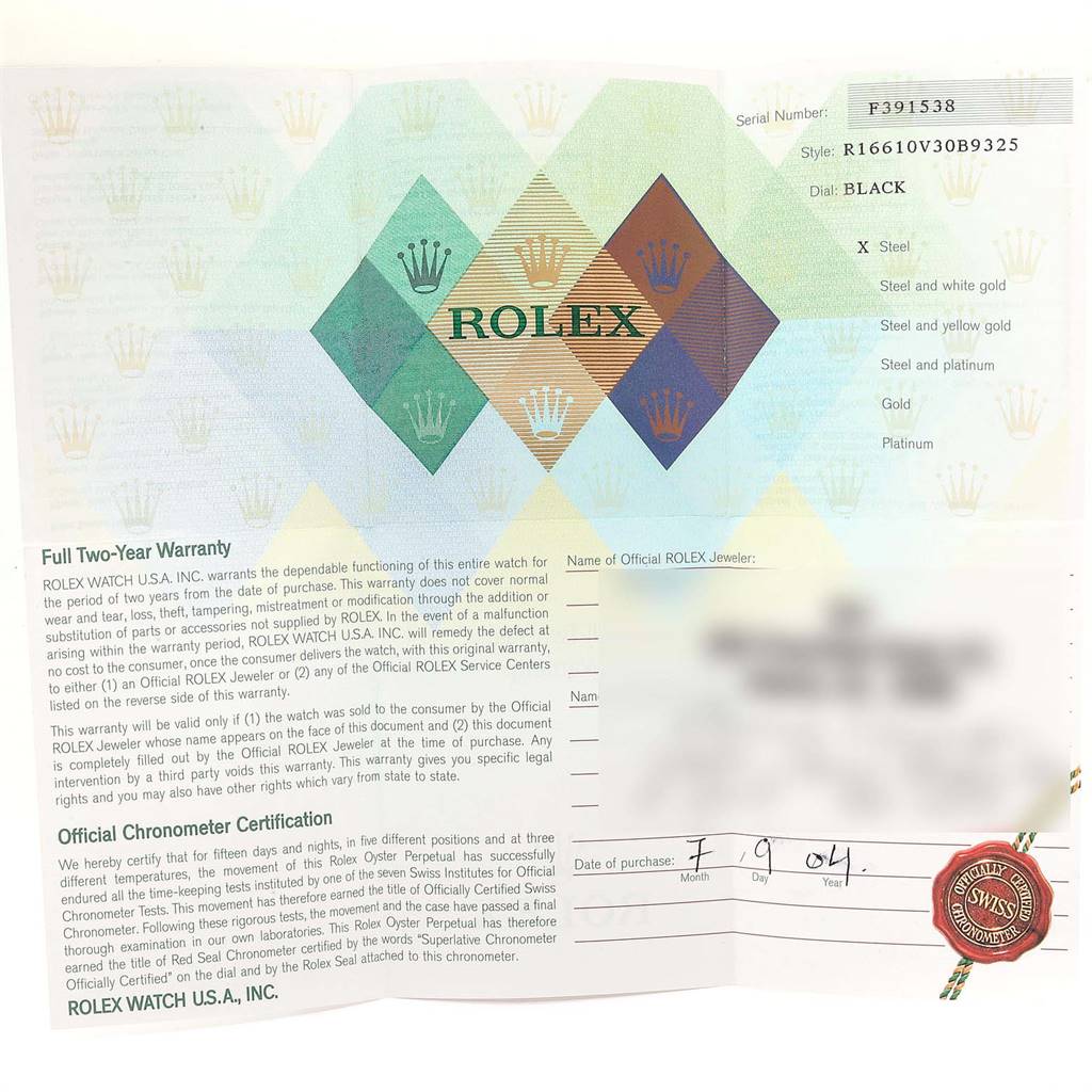 This image shows the warranty card and certification paper for a Rolex Submariner 16610LV Men
s Stainless Steel Black Dial 16610LV Men
s Stainless Steel Black Dial model.