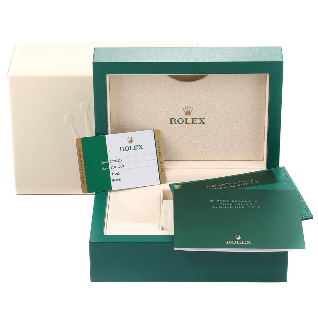 This image shows the packaging, warranty card, and booklets for a Rolex Submariner 116610 Men
s Stainless Steel Black Dial 116610 Men
s Stainless Steel Black Dial model.