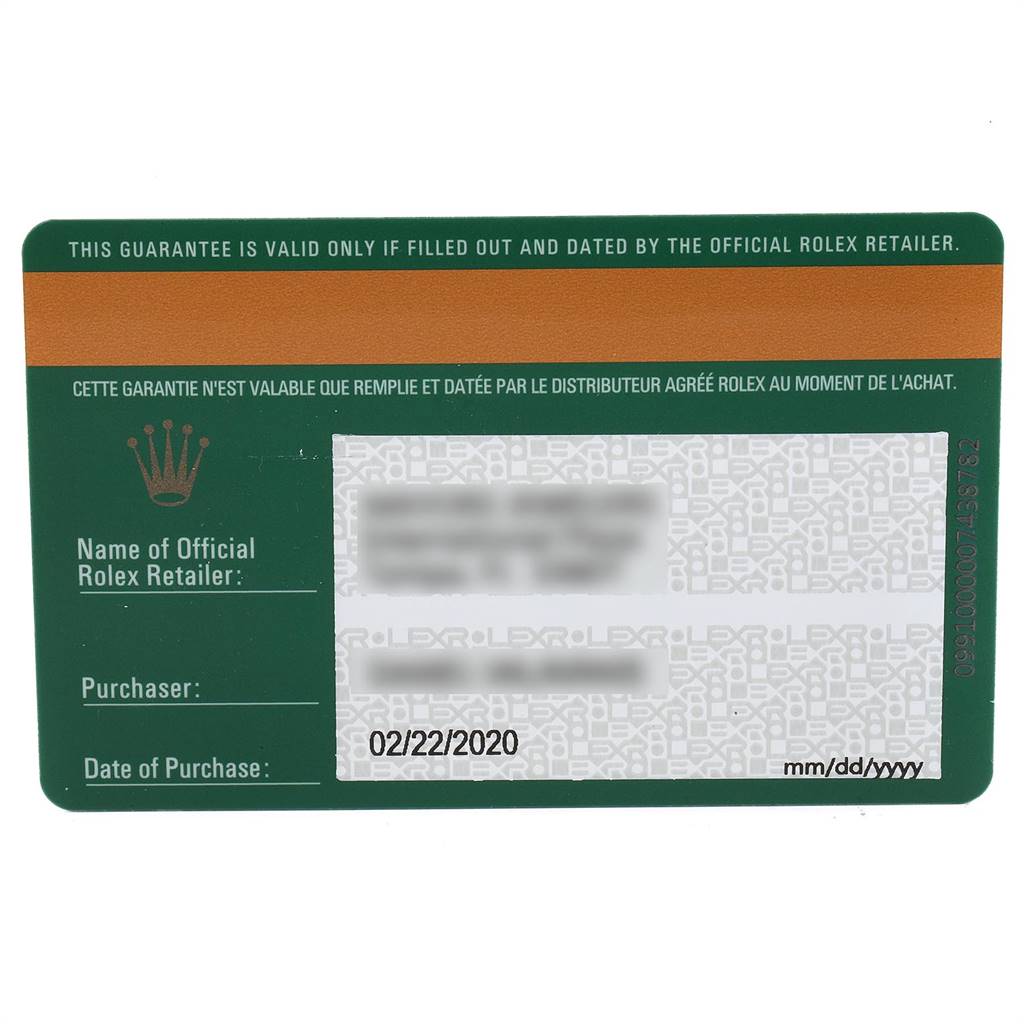 This image shows a warranty card for the Rolex Submariner 116610 Men
s Stainless Steel Black Dial 116610 Men
s Stainless Steel Black Dial, including fields for retailer, purchaser, and date of purchase.