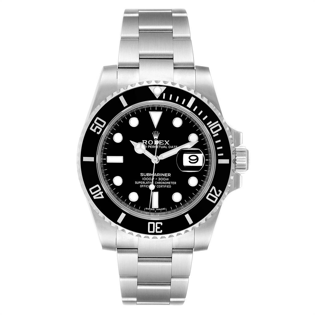 The image shows a front view of the Rolex Submariner 116610 Men
s Stainless Steel Black Dial 116610 Men
s Stainless Steel Black Dial watch displaying its black dial, bezel, and stainless steel bracelet.
