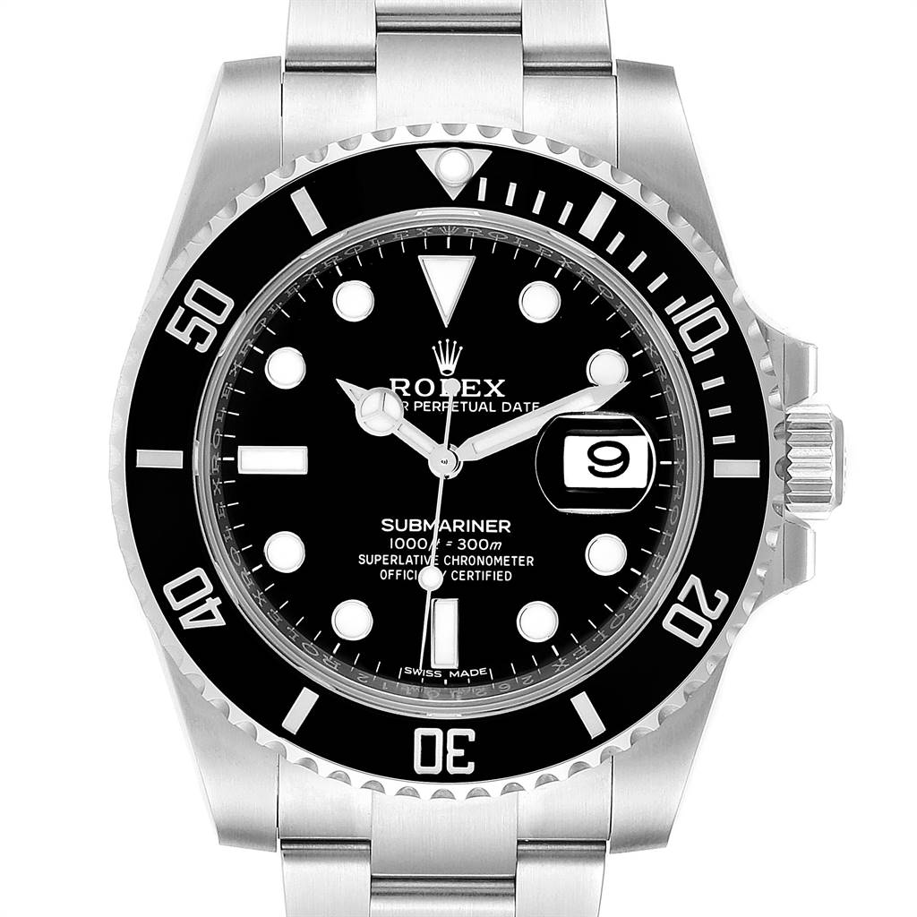 This is a front-facing view of the Rolex Submariner 116610 Men
s Stainless Steel Black Dial 116610 Men
s Stainless Steel Black Dial watch, showing the dial, bezel, crown, and part of the bracelet.