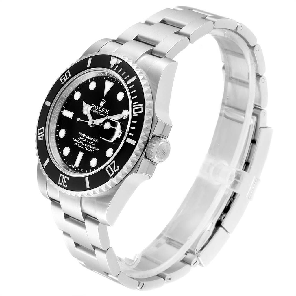 The image shows a Rolex Submariner 116610 Men
s Stainless Steel Black Dial 116610 Men
s Stainless Steel Black Dial watch angled to display the face, bezel, crown, and bracelet.